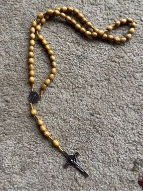 Catholic Saint Benedict rosary necklace wood beads